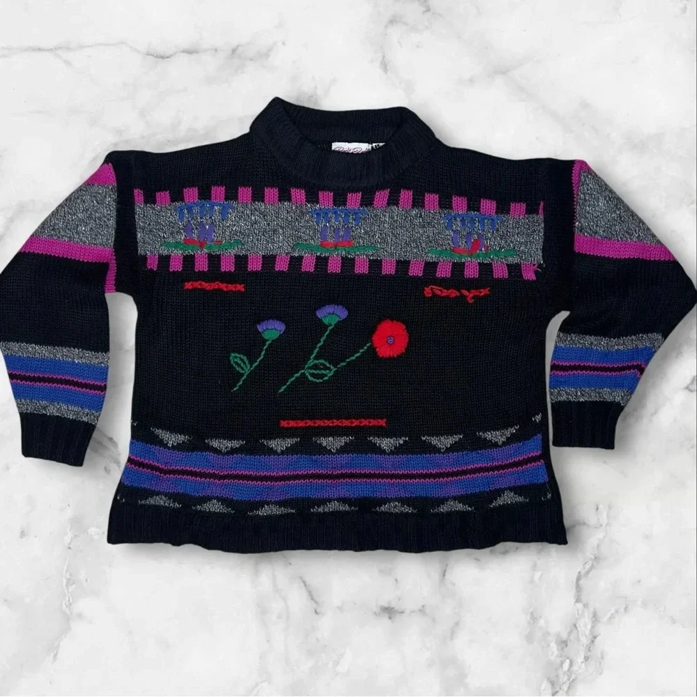 Vintage 80s Whimsigoth Floral Knit Sweater Mock Neck Artsy Grunge Pullover